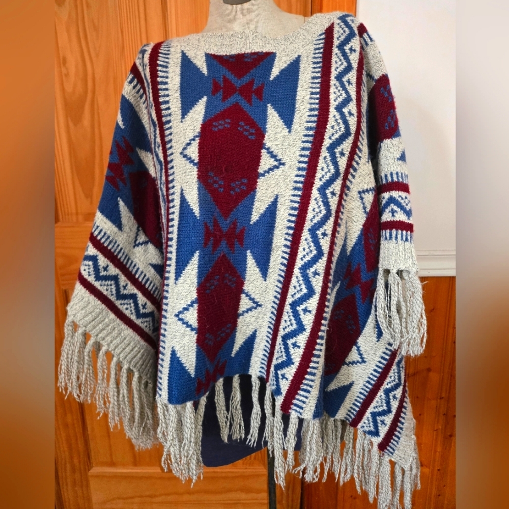 Buttons Blue and Gray Cozy Poncho Sweater with Fringe